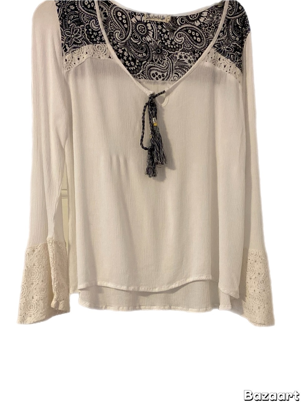 Spoiled White Peasant Tunic with Black Paisley Yoke